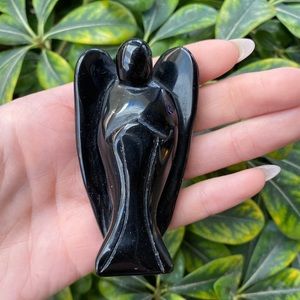 Obsidian Angel Carving Crystal , Heaven Angel Figurine, Prayer Angel Statue